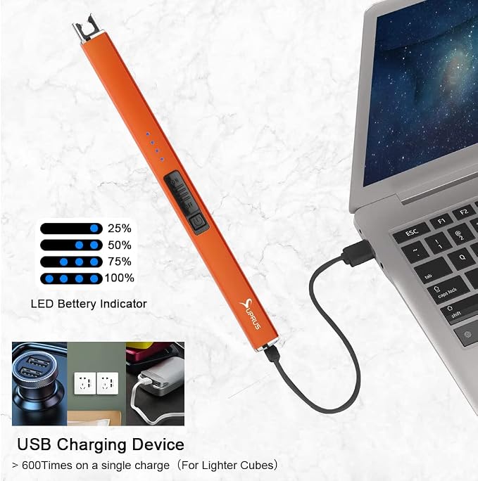 SUPRUS Fluorescent Lighter Glows in The Dark Electric Lighter Candle Lighter Rechargeable USB Arc lighters with Safety Lock Windproof Flameless Plasma for Candle BBQ Camping (Orange)