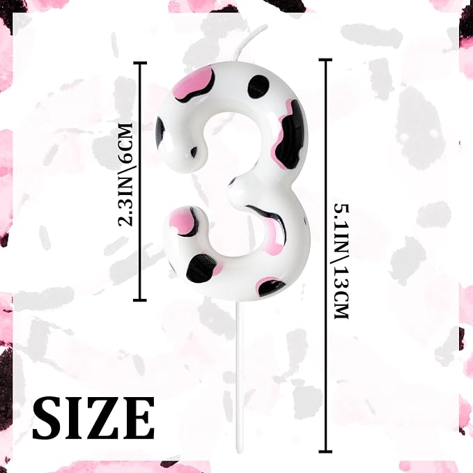 Number 3 Birthday Candle for Cake – Cow Print Design in White Black Pink – Farm Theme & Cowgirl Party Cake Topper Decoration