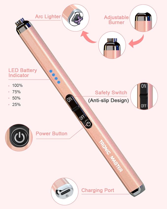 Electric Candle Lighter Valentine's Day Gifts for Women Mom Men Dual Arc USB Rechargeable Windproof Lighter for Candle BBQ Birthday Camping Gift Idals(Rose Gold)
