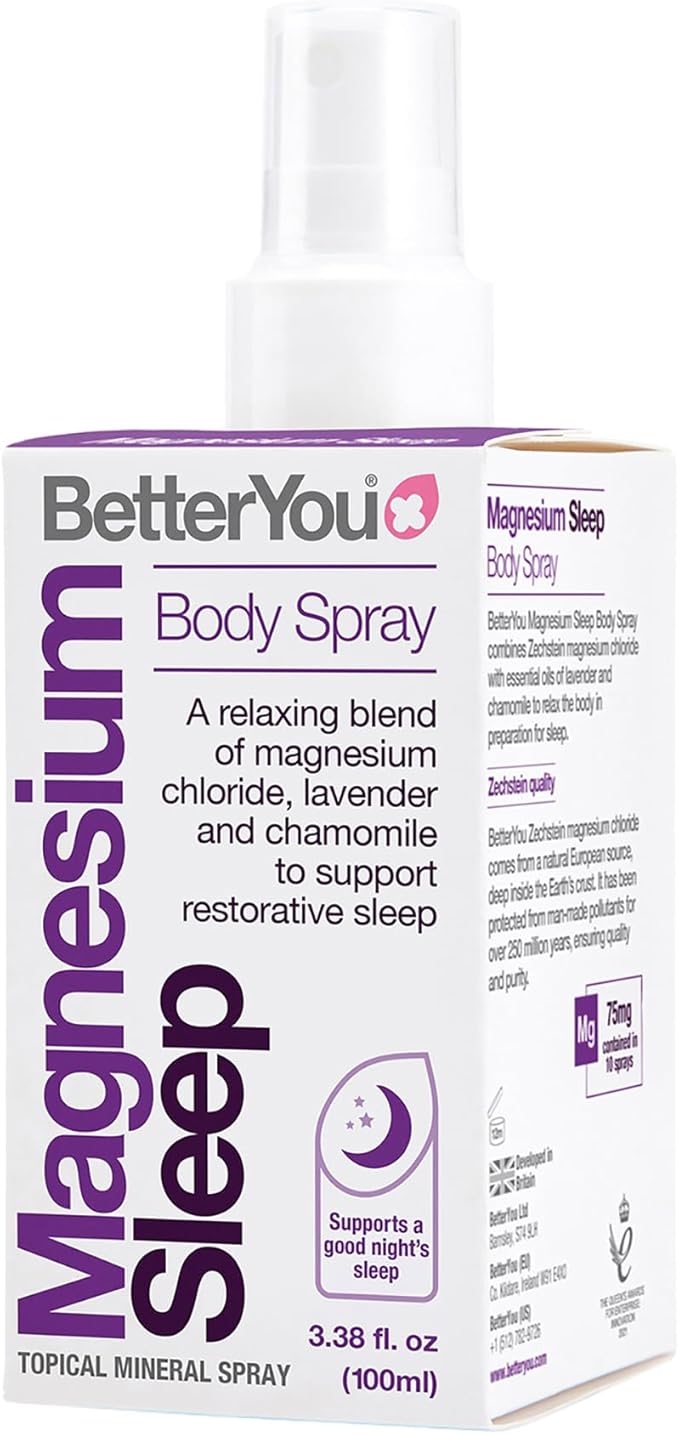 BetterYou Magnesium Muscle Body Spray - Relaxing Topical Magnesium and Essential Oil Spray - Lavender and Chamomile - Promotes Better Sleep - 3.38 oz
