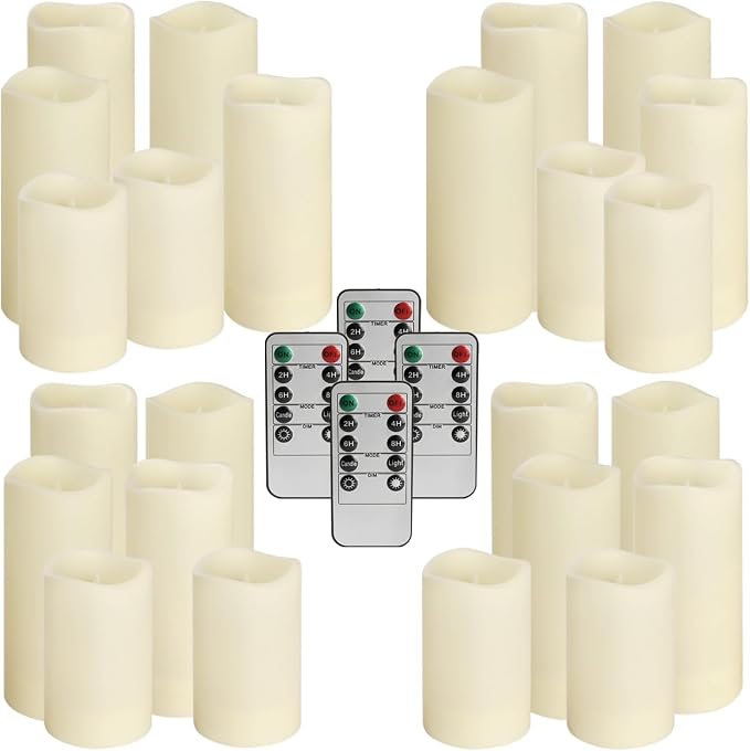 YOROXRG Set of 24 Waterproof Outdoor Flameless Candles, LED Candles with 4 Remote and Timer,(H 4" 5" 6" x D 2.2"),for Halloween Wedding Festiv