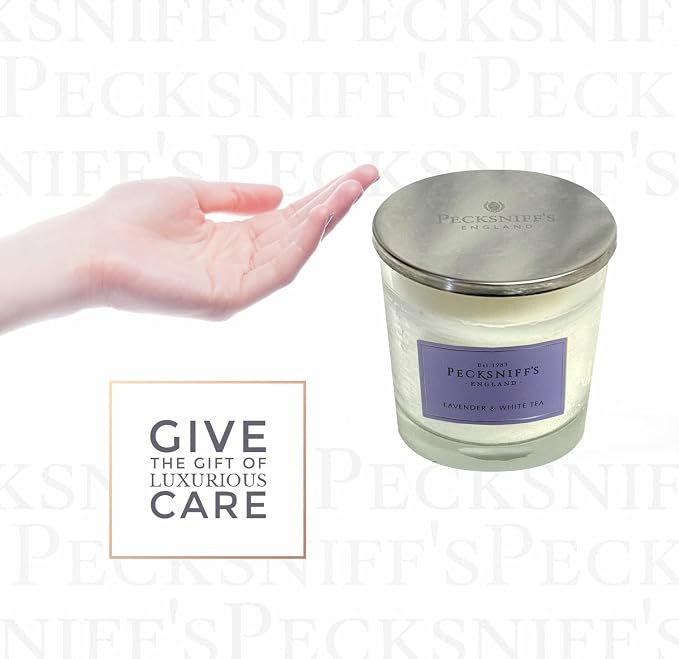 Pecksniffs Lavender & White Tea Scented Candle | Elegant Glass Vessel with Metal Lid Candles for Home Scented | 3 Wick Candles, 550g/19.4oz