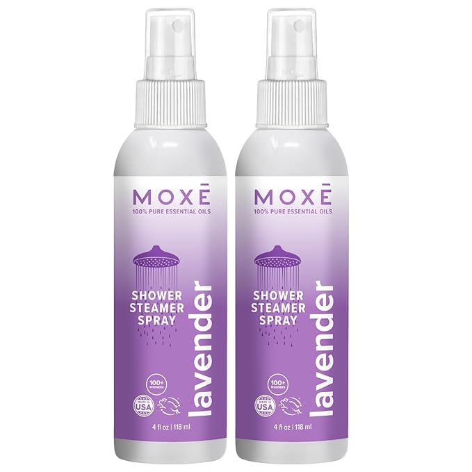 MOXE Lavender Oil Shower Mist, Spa Steam Spray, Certified Natural 100% Essential Oils, Made in USA, Aromatherapy, Tension Relief (4 FL Oz, Pack of 2)