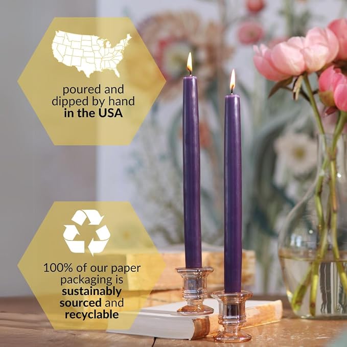 Big Dipper Wax Works Eggplant Purple Hand-Dipped Beeswax Taper Candles – 12” x 7/8”, 2-Pack, 100% Pure Beeswax, Long Burning, Clean, Cotton Wick, Handmade in USA, Home Décor & Wedding Candles