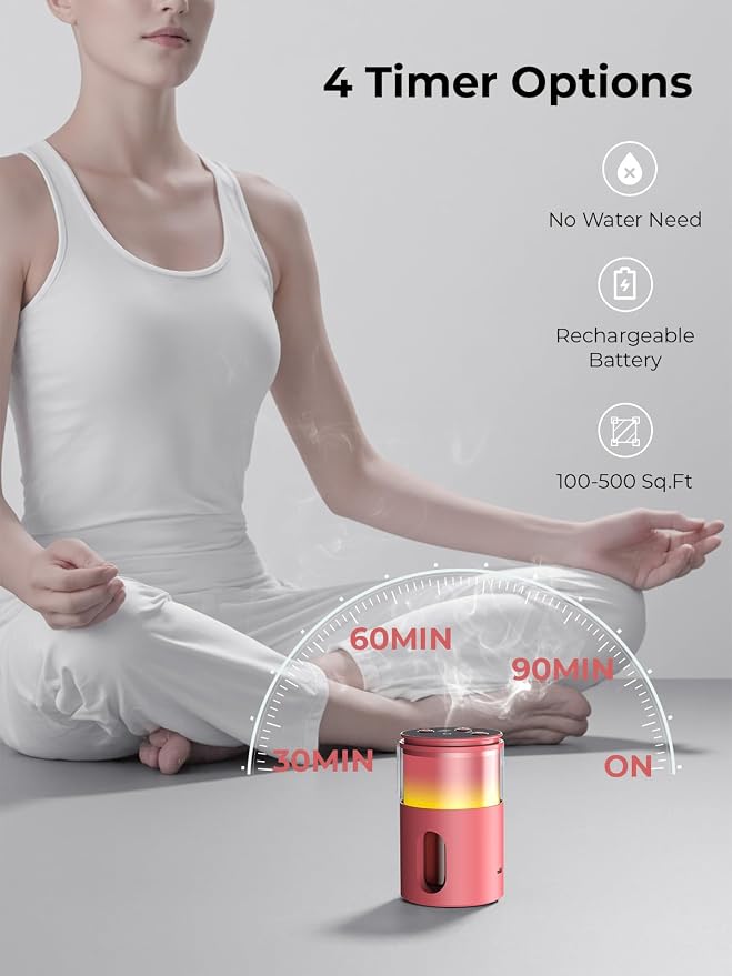 Waterless Essential Oil Diffuser: 𝟗 𝐂𝐨𝐥𝐨𝐫𝐬 𝐋𝐄𝐃 Scent Diffuser for Home&Car&Office - Portable Diffuser with 48H Battery, 4 Timers & 3 Mist Levels, Bright Red