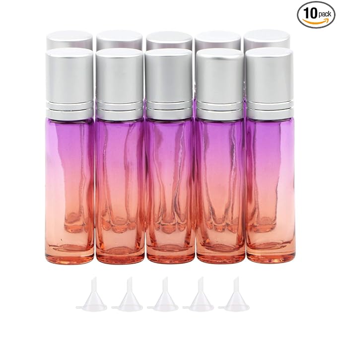 10Pcs Glass Roller Bottles Set, 10ml (1/3oz) Purple Orange Gradient Roll on Vials with Funnels, for Essential Oil Aromatherapy Perfume Liquid Massage