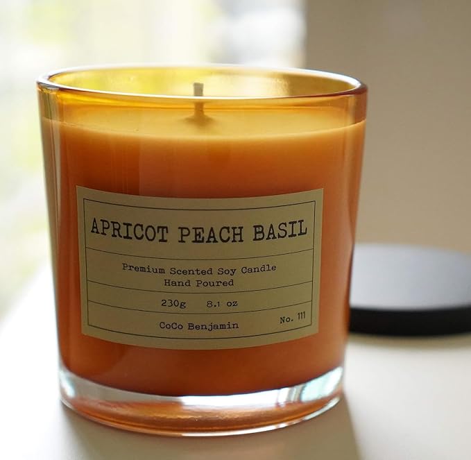 100% Natural Soy Wax Candle by CoCo Benjamin - Highly Scented & Hand-Poured Luxury Candle (Apricot Peach Basil) - Clean Burning Cotton Wick