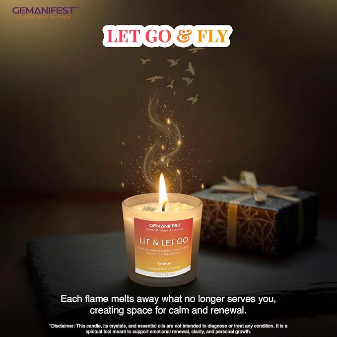 Lit and Let Go Manifestation Candle Lemon Scented Soy Crystal Candles with Amazonite Bracelet Letting Go New Beginnings Gifts Grief Divorce Gifts for Men Women