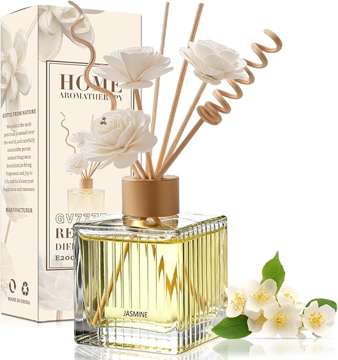 Jasmine Reed Diffuser - 6.7 oz Glass Bottle with 4 Rattan Sticks, 3 Dried Flowers | Adjustable, Long-Lasting Scent for Home, Bedroom, Living Room, Office, Bathroom | Aromatherapy Gift