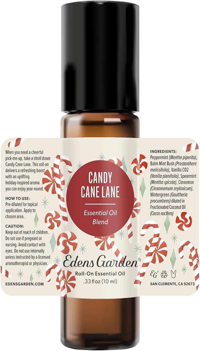 Edens Garden Candy Cane Lane Essential Oil Roll-On – Pre-Diluted Peppermint Blend, Cooling Holiday Aromatherapy for Headaches, Stress & Wellness Gifts, 10 ml (.33 fl oz)