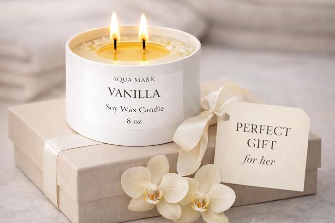 Vanilla Soy Candle – 8 oz Luxury Spa Candle – Clean Burning, Hand Poured – Aromatherapy Home Decor – Relaxing Gift for Women – Aqua MARR