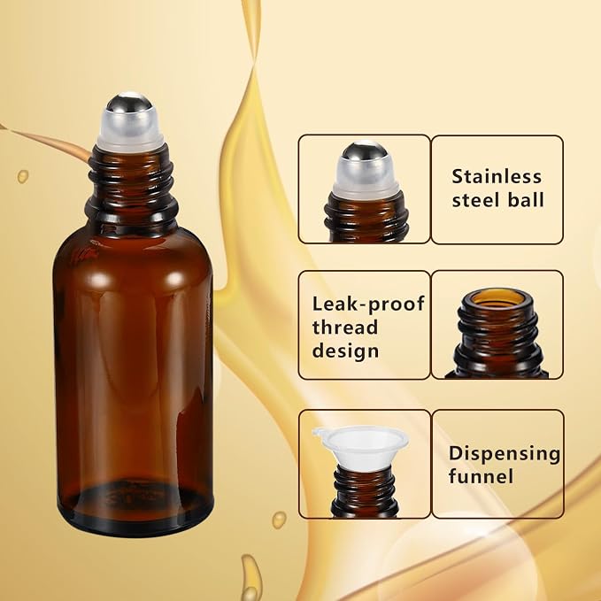 15ML Roller Bottles for Essential Oil, 4 Pack Empty Amber Glass Roller Bottle for Perfume Oil, Roll on Bottles with Stainless Steel Roller Balls, Opener, Funnel and Dropper