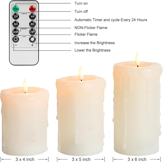 ANGELLOONG Flameless Candles with Remote, 3 Pack Battery Operated LED Candles, Flickering Fake Drip Pillar Candle Set for Home Decor, Mantel, Christmas Decor