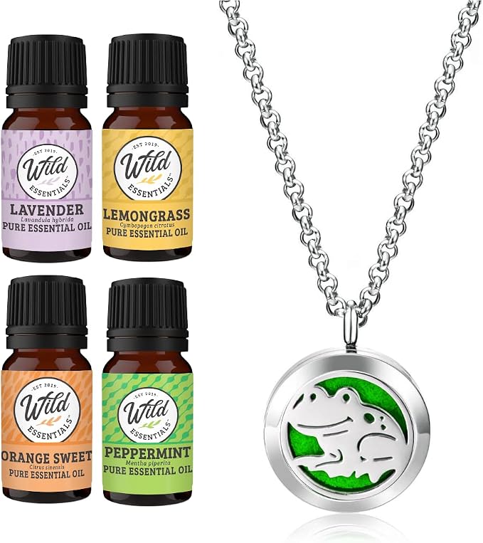 Wild Essentials Happy Frog Necklace Essential Oil Diffuser Kit with Lavender, Lemongrass, Peppermint, Orange Oils, 12 Refill Pads, Calming Aromatherapy Gift Set, Customizable Color Changing, Perfume
