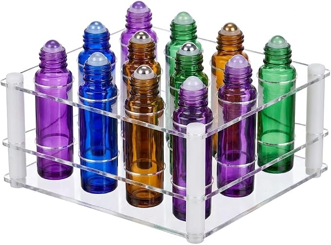 BOXIN 12Slots Roller Bottles Holder, Perfect Vertically Hold For Essential Oils Rollers, Great Oils Display Holder Roller Bottles Storage Shelf Organizer,Hole Diameter 2.3cm/0.9inch,Acrylic,DIY