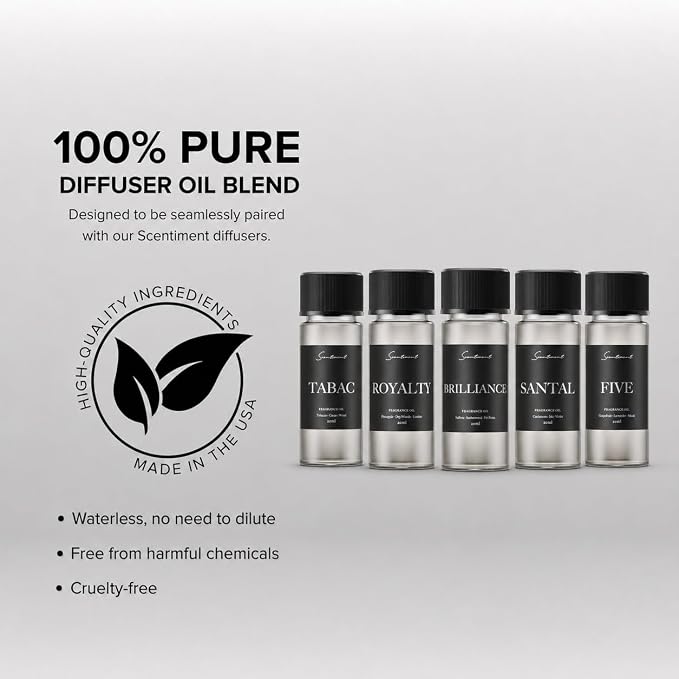 Scentiment Designer Diffuser Oils – Santal (Sandalwood), Tabac (Tobacco & Cacao), Brilliance (Saffron & Amber), Royalty (Pineapple & Leather), Five (Citrus & Musk) – 5 Pack, 0.68 fl oz (20 mL)