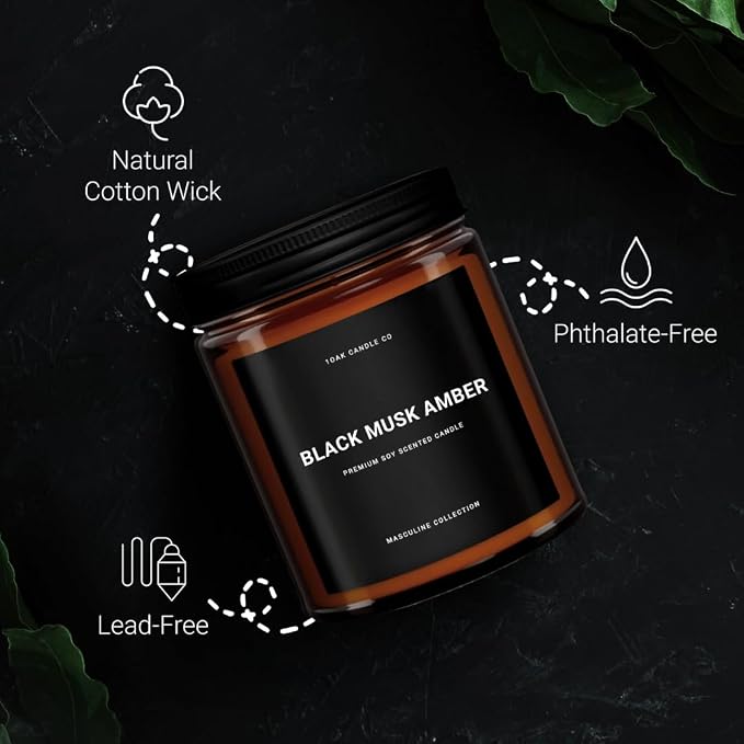 1OAK Black Musk Amber Candle - Soy Wax Scented Candle for Men - 7oz, Long Burning, Masculine - Premium Gift Option