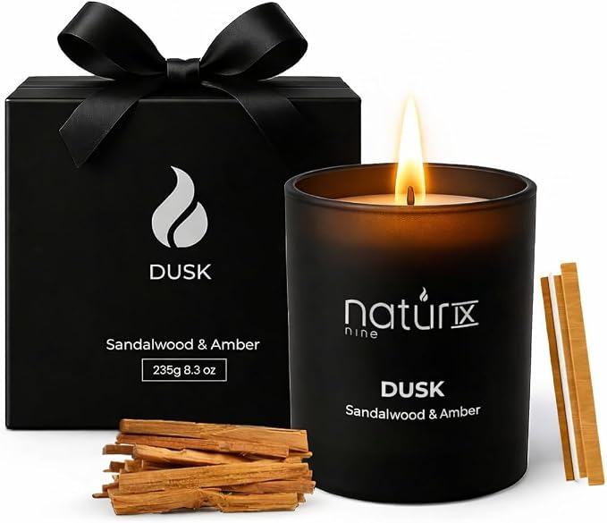 Natur IX Dusk Scented Candles for Home | Sandalwood & Amber | Natural Non Toxic Soy Candles with Essential Oils | 50 H Long Burning