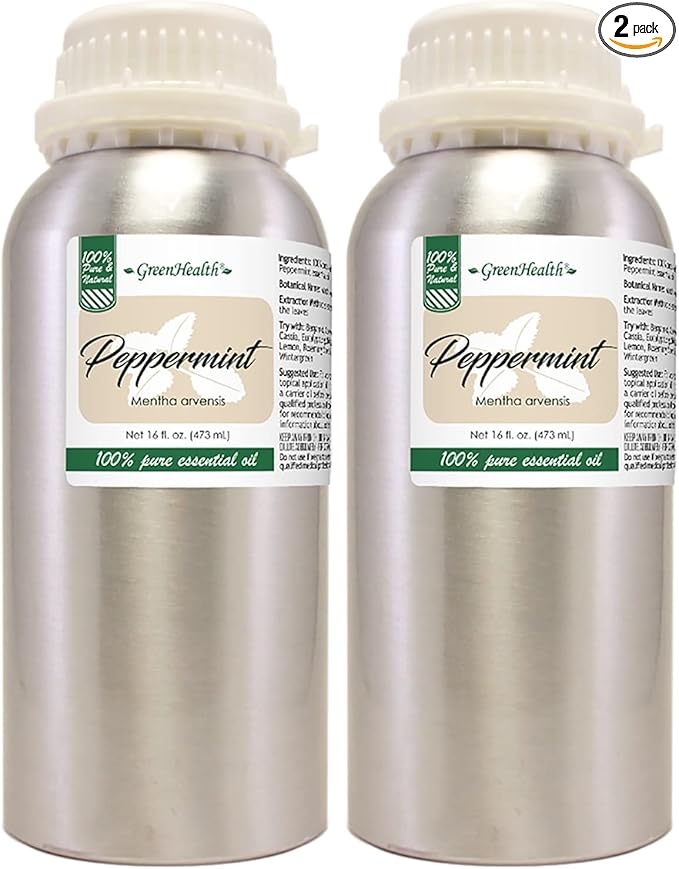 GreenHealth Peppermint Essential Oil – 2 Pack (16 fl oz Each) – 100% Pure & Uncut – Strong Menthol Scent – Aluminum Bottles for Diffusers, Cleaning, DIY Use