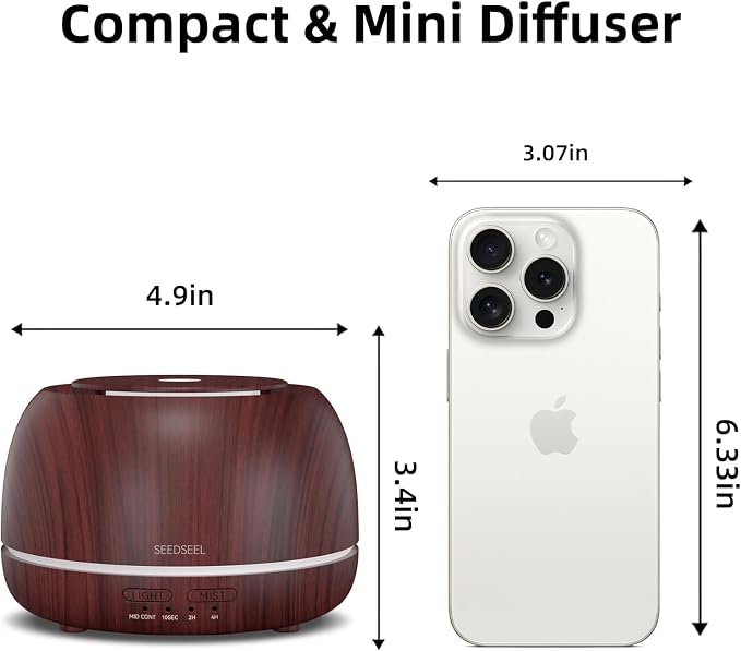 SEEDSEEL 300ML Essential Oil Diffuser, Aromatherapy Diffuser with Remote Control, 4 Timers, 7-Color LED Light and Waterless Auto-Off for Room, Bedroom, Home