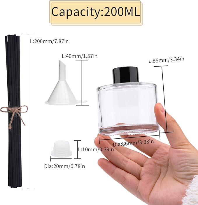 4PCS Fragrance Glass Diffuser Bottles, Refillable Diffuser Bottles with 20pcs Reeds Sticks & Black Caps & Funnel, Diffuser Jars for Home Oil Fragrance Decoration Girl Women Gift (200ML)