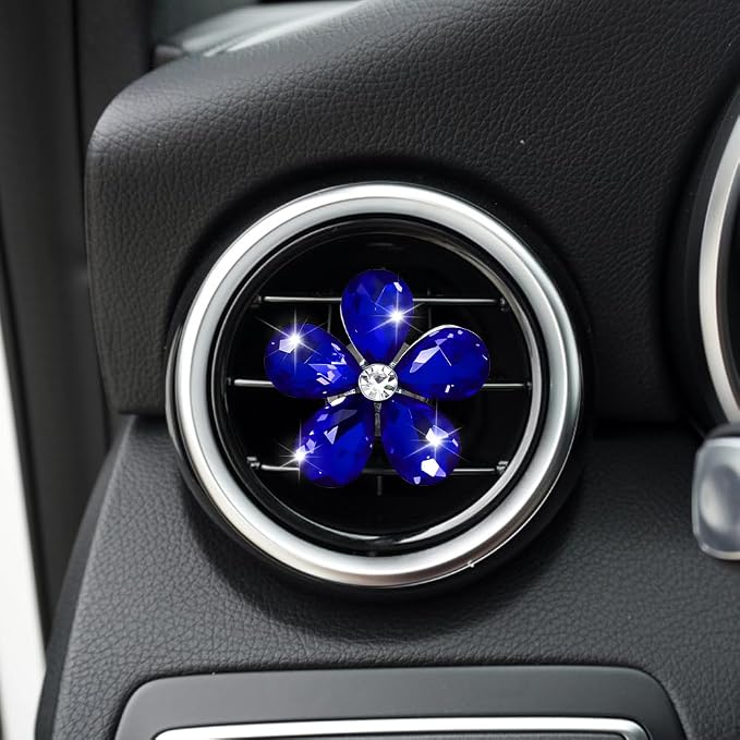 5PCS Bling Daisy Flower Car Air Vent Clips, Car Diffuser Vent Clip, Sparkling Crystal Rhinestone Cute Auto Air Conditioning Clamp, Diamond Air Outlet Clip Decor for Women Girls (Blue)