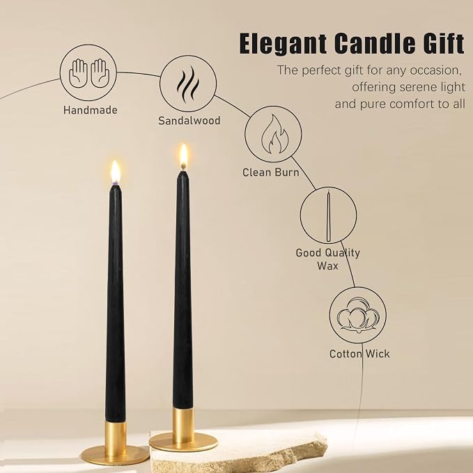 Candlesticks Long Taper Candle,Sandalwood Scented 10 Inches Black Candle Sticks Smokeless Tapered Candles for Home Décor Holiday Gifts