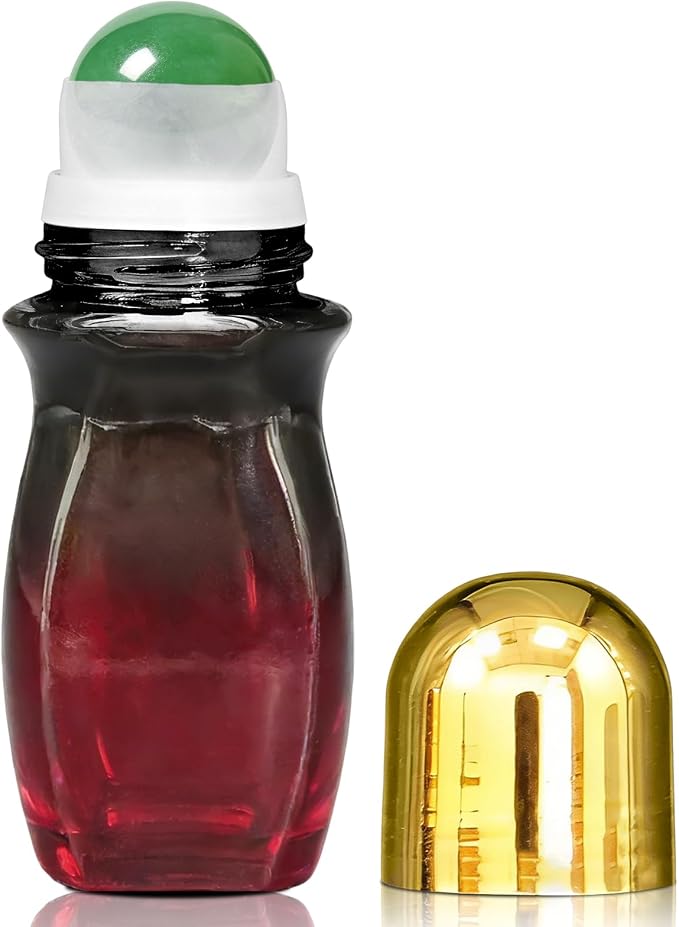 Green Aventurine Amber Roller Waisted Bottles for Essential Oils,50ml Refillable Amber Glass Roll On Bottles with Natural Crystal Roller Balls, Leak-Proof Travel Perfume Bottle with Gold Caps