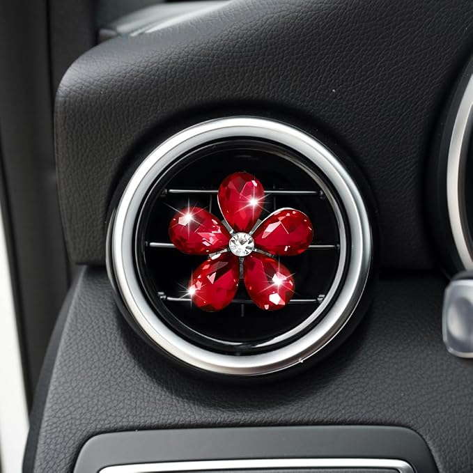 5PCS Bling Daisy Flower Car Air Vent Clips, Car Diffuser Vent Clip, Sparkling Crystal Rhinestone Cute Auto Air Conditioning Clamp, Diamond Air Outlet Clip Decor for Women Girls (Red)