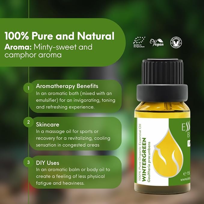 Essences Bulgaria Organic Wintergreen Essential Oil 0.51 Fl Oz | 15ml | Gaultheria procumbens | 100% Pure | Natural | Undiluted | Therapeutic Grade | Aromatherapy | Cosmetics | Cruelty Free | Vegan