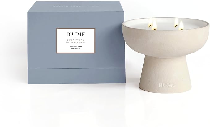 Blueme Spiritual Candle | Palo Santo & Vetiver | 4 Wick - Refillable Wellness Candle with Essential Oils, Hand Finished & Poured Soy Wax Blend Ceramic Vessel, Natural Cotton Wicks | Large 24 oz