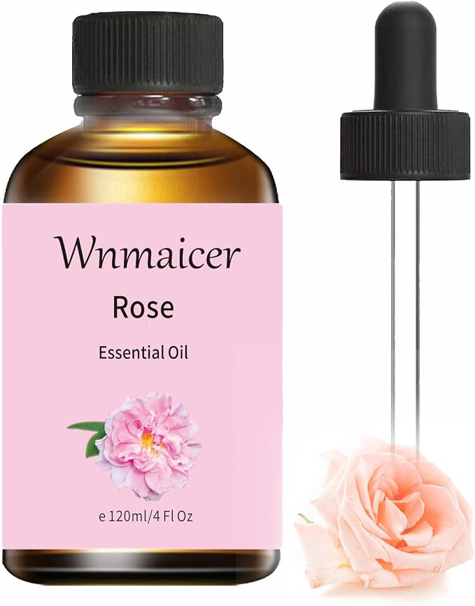 Rose Essential Oil 4 Oz, Premium Rose Oil with Glass Dropper for Massage, Face, Skin, Diffuser, Yoga, Meditation and Aromatherapy 120 mL