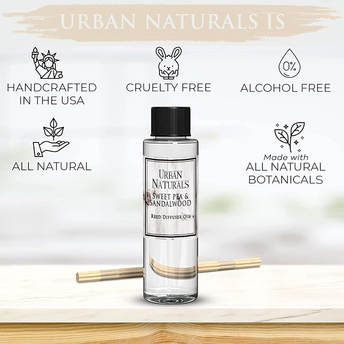 Urban Naturals Reed Diffuser Oil Refill, Sweet Pea & Sandalwood Diffuser Oils with Jasmine, Berries, Sweet Pea, 4 oz + Free Reed Sticks, Made in the USA