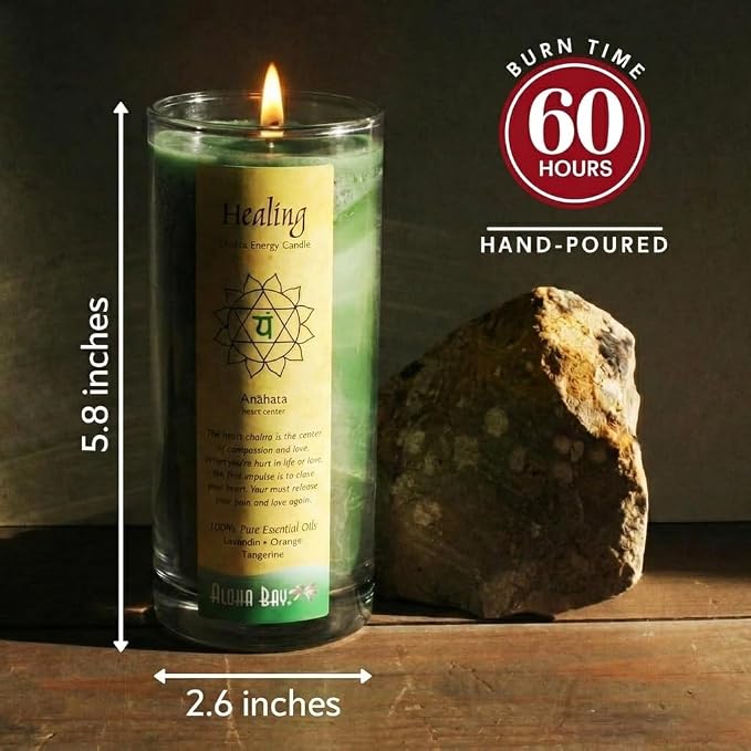 Premium Scented Candle Hand Made Chakra Energy Jar | 11 Oz | Healing, Anahata | Yoga Balance Prayer & Meditation Candle | Long Burn 60 Hours | Essential Oils, Lavandin Orange & Tangerine | Aloha Bay