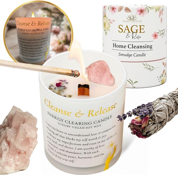 Sage Smudge Candle – Crystal-Infused with Rose Quartz & Botanicals – Self Love Ritual for Energy Cleansing & Manifestation