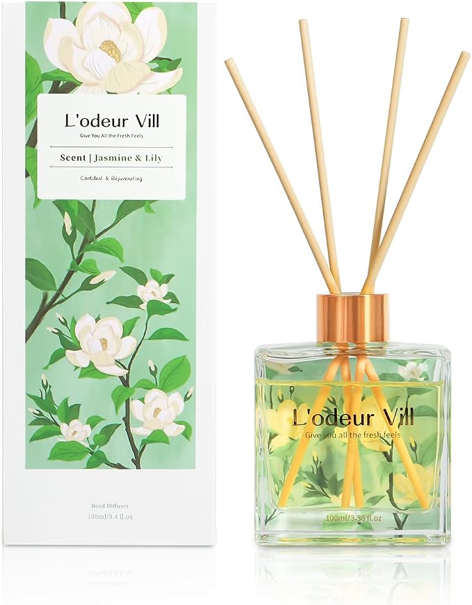 L'odeur Vill Reed Diffuser Set/Jasmine & Lily/3.38 fl.oz（100ML）/1 Pack with 6 Reed Sticks/Home Fragrance Diffuser, Oil Scent Diffuser for Bathroom Shelf Decor.