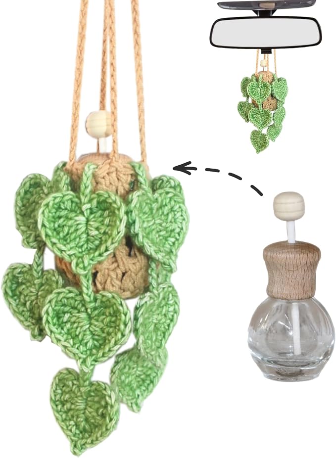 ROFIGL Handmade Crochet Hanging Car Air Freshener- Lifelike Green Pothos for Hanging with 12ml Thick Refillable Glass Diffuser Bottle, Suitable Decor for Car Rearview Mirror, Home & Wellness Spaces
