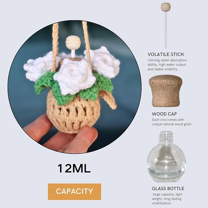 ROFIGL Handmade Crochet Hanging Car Air Freshener - Pure Elegant White Rose Design, 12ml Refillable Thick Glass Bottle, Car Diffuser for Rearview Mirror, Home & Office Minimalist Decor
