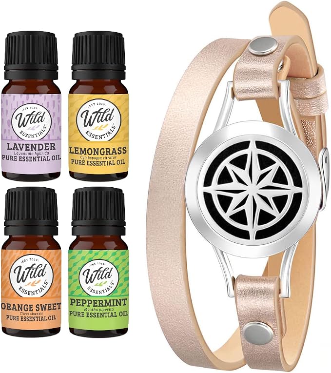 Wild Essentials Nautical Star Essential Oil Leather Wrap Bracelet Diffuser, Gift Set, Lavender, Lemongrass, Peppermint, Orange Oils, 12 Pads, Customizable Color Changing Perfume Jewelry, Aromatherapy