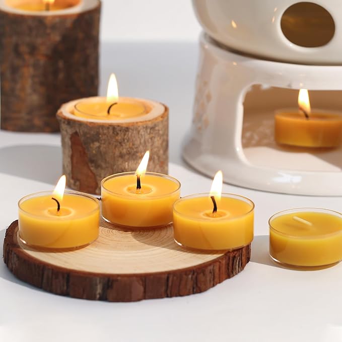 48 Packs Beeswax Tealight Candles- 4 Hour Burn Time Beeswax Candles- Burn Evenly and Clean- Beeswax Candle Bulk Smokeless Bees Wax Tea Lights for Relaxing Air Purification