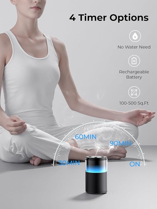 Waterless Essential Oil Diffuser: 𝟗 𝐂𝐨𝐥𝐨𝐫𝐬 𝐋𝐄𝐃 Scent Diffuser for Home&Car&Office - Portable Diffuser with 48H Battery, 4 Timers & 3 Mist Levels, Carbon Black