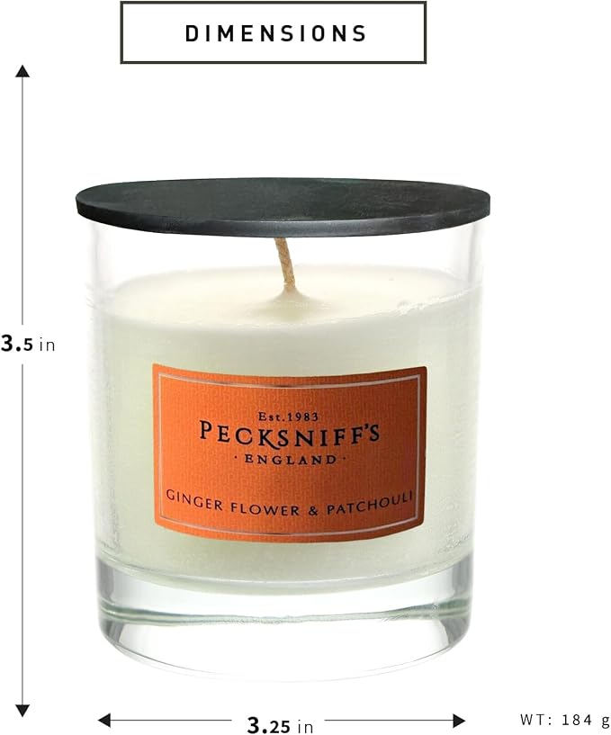 Pecksniff's Classic Gingerflower & Patchouli Scented Candle - Single Wick in Elegant Glass Vessel, 184g/6.49oz