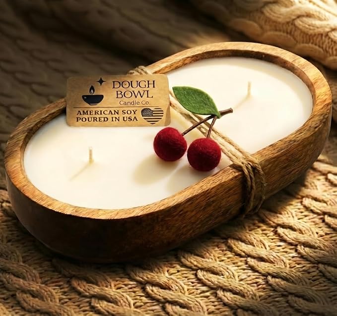 Dough Bowl Candle Co. Cherry Candle - Black Cherry Bomb and Vanilla Scented Candles, 100% Soy Wax, Spring Gifts for Women and Men, 10x6 Large 3-Wick Odor Eliminating Aromatherapy Red Decor for Home