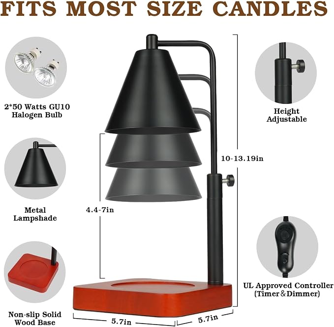 Modern Candle Warmer Lamp with Timer, Black Candle Lamp Warmer for Jar Candles, Mothers Day Birthday Gifts for Women, Dad, Men, Adjustable Metal Candle Lamp Dimmable, Vintage Home Decor, 2*35Watt Bulb