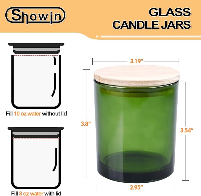 SHOWIN 10 OZ Thick Candle Jars for Making Candles 15 Pcs, Empty Jars with Wood Lids for Candle Making, Sample Container, Clear Green