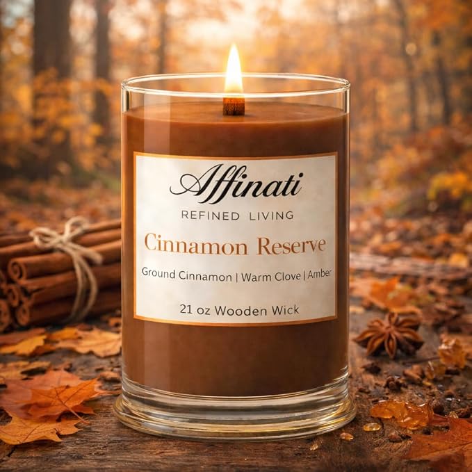 Affinati Cinnamon Reserve Large Scented Candle, 21 oz Wooden Wick Tumbler – Highly Fragrant Long Lasting Premium Spiced Fragrance, Soy Blend