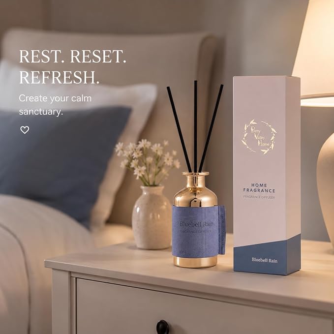 Reed Diffuser for Home, Bluebell Rain / 2.7oz / Long Lasting Floral Fragrance Oil with Reed Sticks – Air Freshener for Bathroom, Office, Closet, Fresh Dewy Aquatic Scent