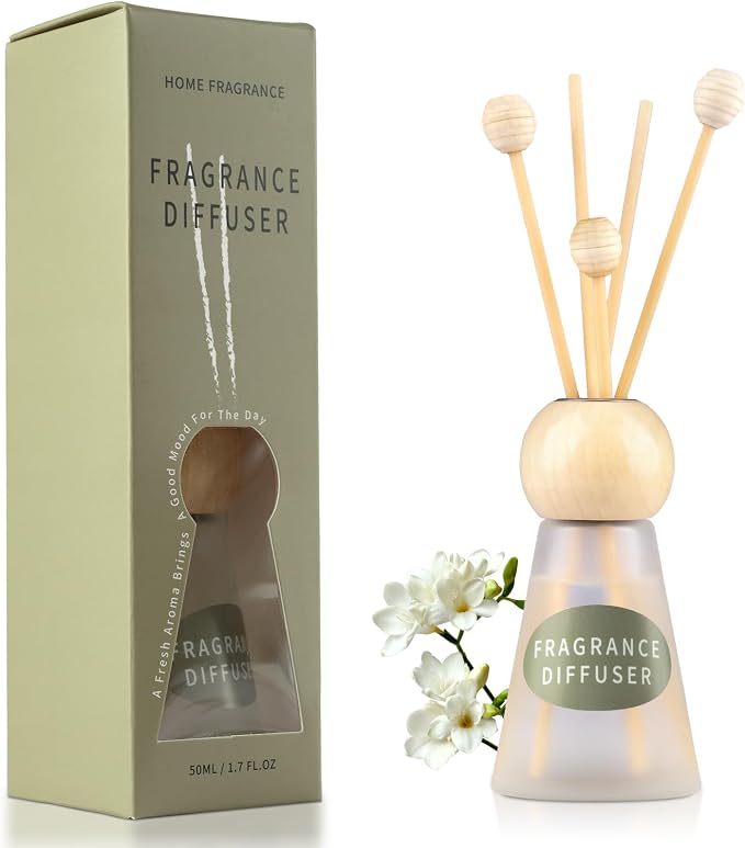 Reed Diffuser Set, Freesia Scent with Reed Sticks, 1.7 fl oz / 50ml Cone-Shaped Bottle with Round Wooden Cap, Ideal for Bathroom, Bedroom, Office, Home Fragrance for Shelf Decor Air Freshener