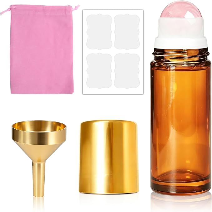 Cocurb 1oz Rose Quartz Roller Bottle for Castor Oil,Essential Oils and Skincare DIY,Refillable Leak-Proof Amber Glass Roll on Bottle Empty Deodorant Container with Gold Cap&Storage Bag