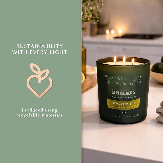 Pecksniff’s Aromatherapy Uplifting Candle 3 Wick 18.16 oz/515 g, Citrus Green Tea Fragrance, Grapefruit Lemon Notes, Energizing Luxury Glass Candle for Home and Gifts